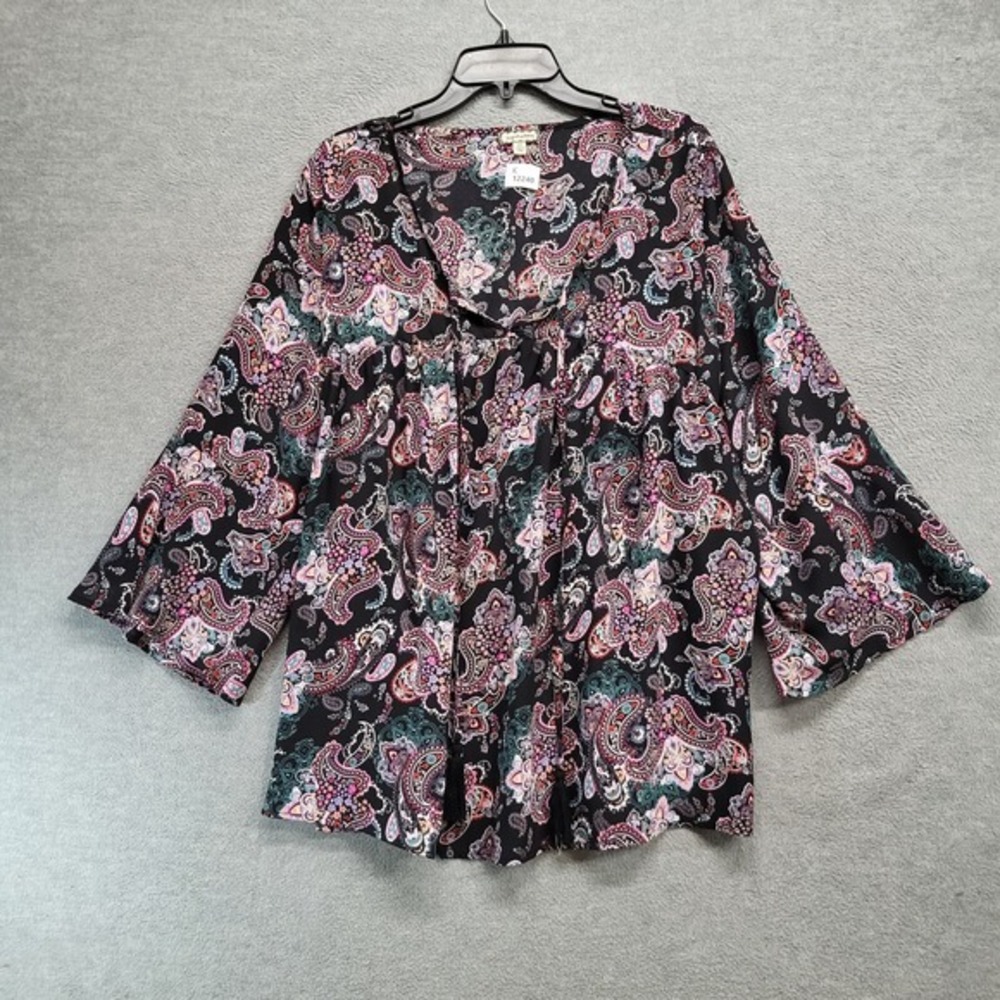 Eyeshadow Women Top 2X Purple Paisley Black Split‎ Neck Flare Sleeve